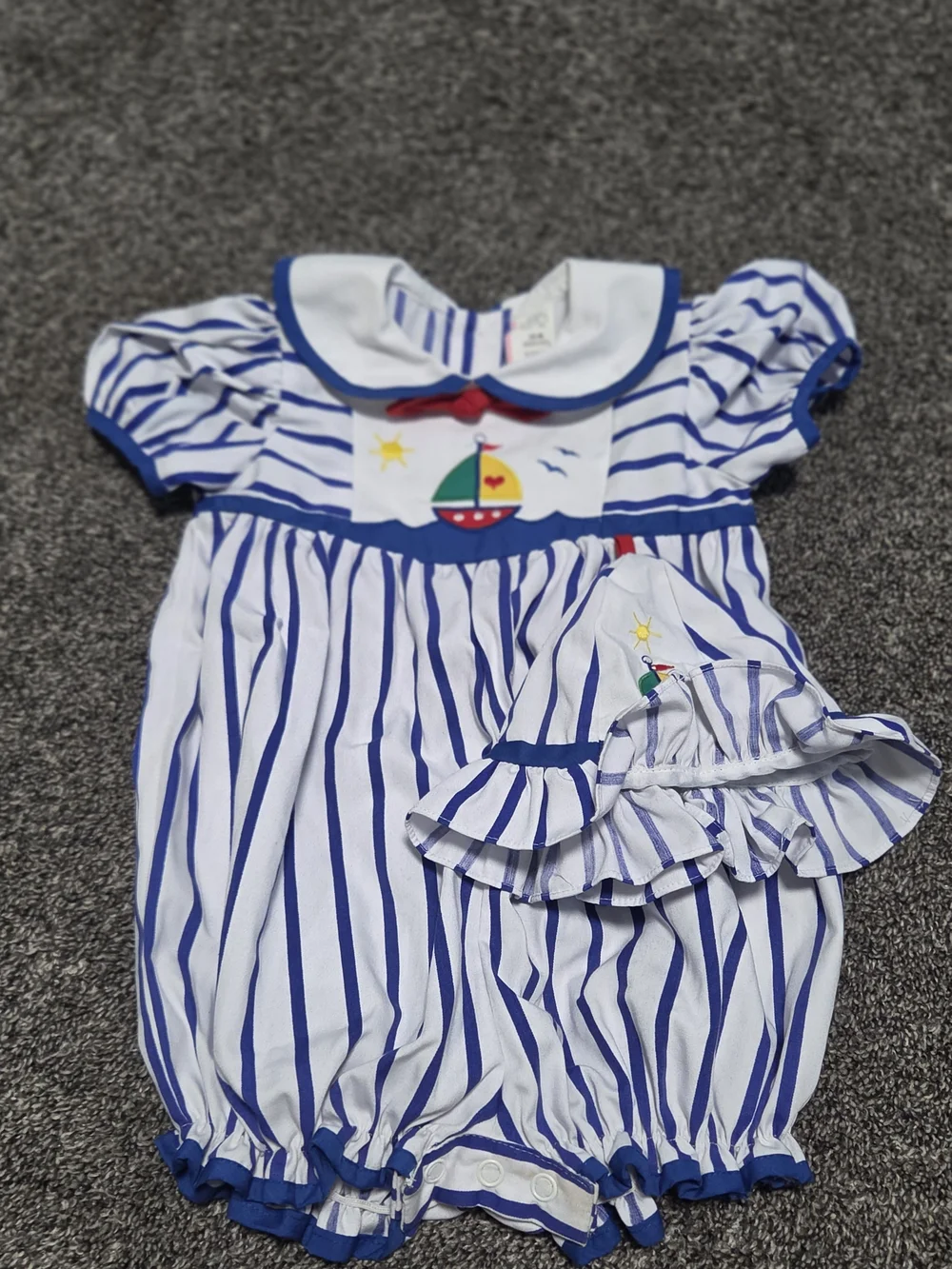 Blue & White Striped Sailboat Baby Romper with Hat